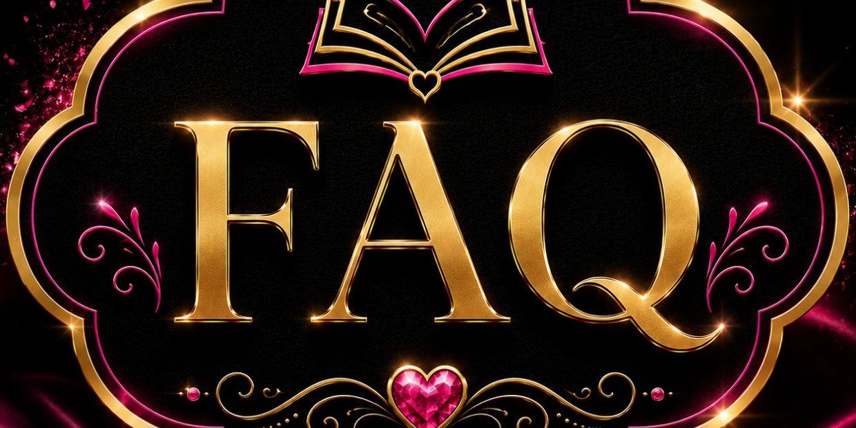 Elegant FAQ sign with gold and pink accents on black background.