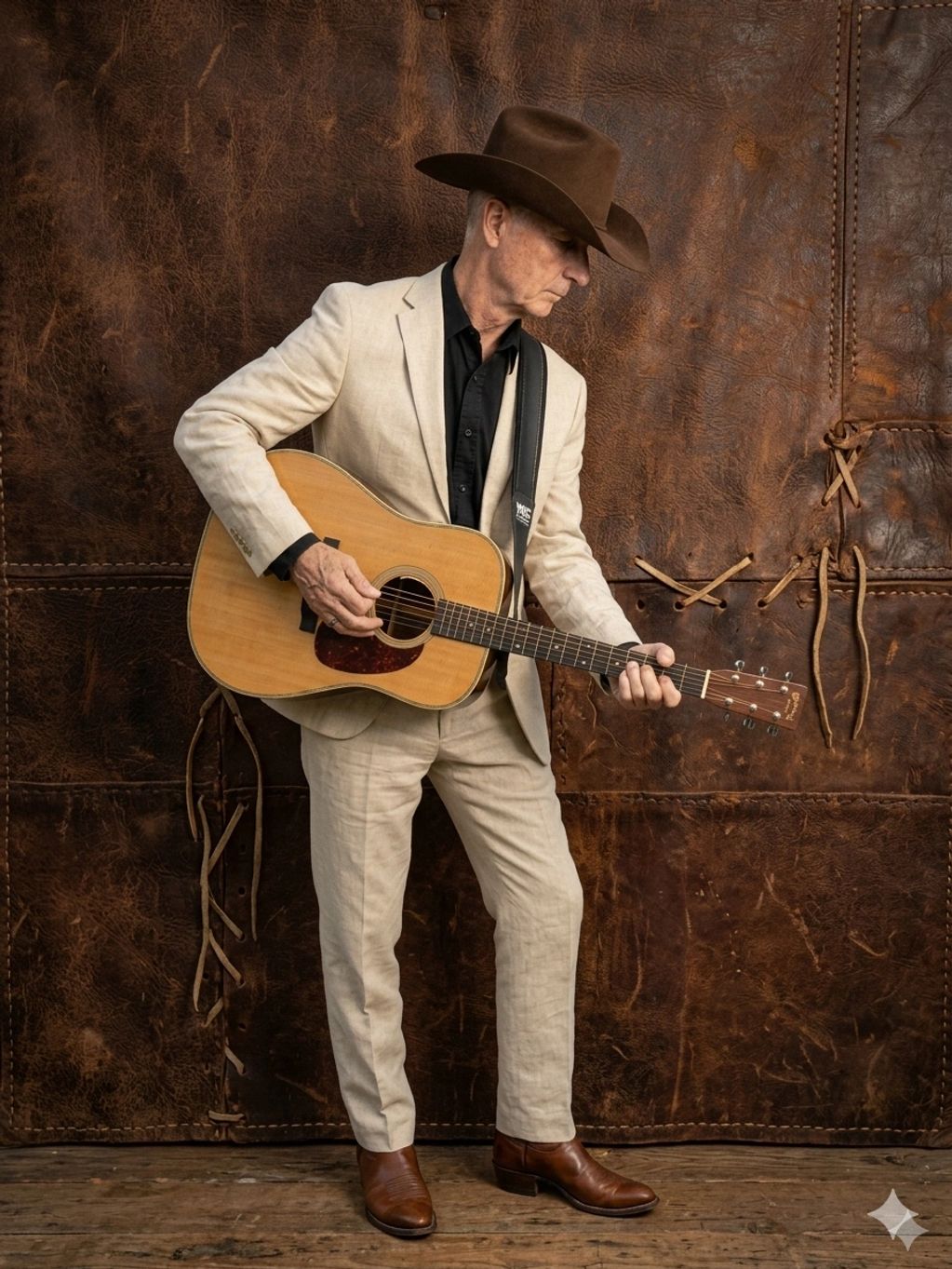 Man in beige suit and cowboy hat playing an acoustic guitar.