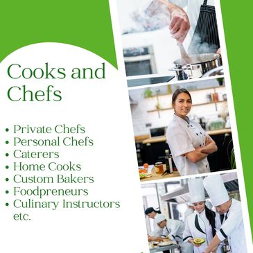 Images and list of different food businesses, cooks and chefs covered by Chef Insurance
