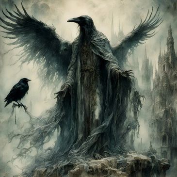 Dark figure with a bird-like face and a raven companion.