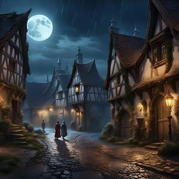 Rainy medieval village street at night with moonlight.