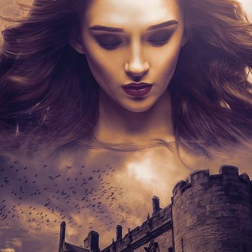 Woman's face merging with castle and birds in a surreal scene.
