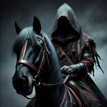 Hooded dark figure on black horse in eerie setting.