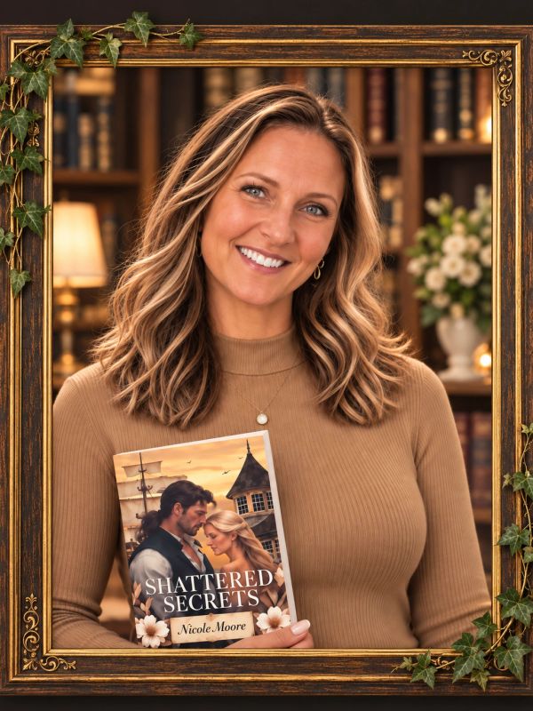 Woman holding book titled 'Shattered Secrets.'
