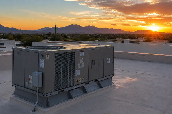 Large rooftop HVAC unit at sunset with mountains in the background.