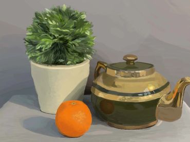 A still life painting of an orange, a teapot, and a potted plant.