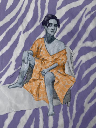 A graphite drawing of a woman with colorful animal patterns.