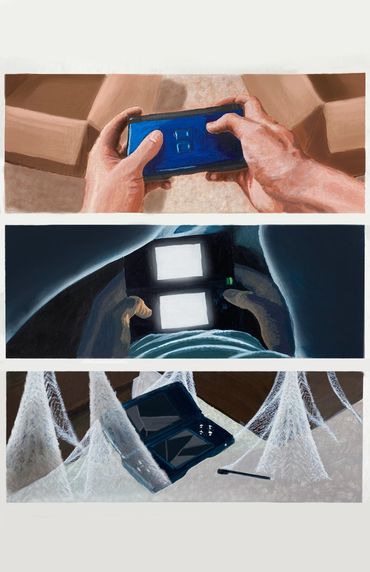 A sequence of images showing a blue Nintendo DS in the various stages of a person's life.