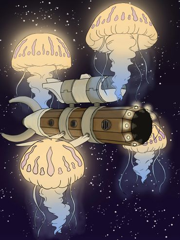 A retro and futuristic submarine flying through space with giant colorful jellyfish.