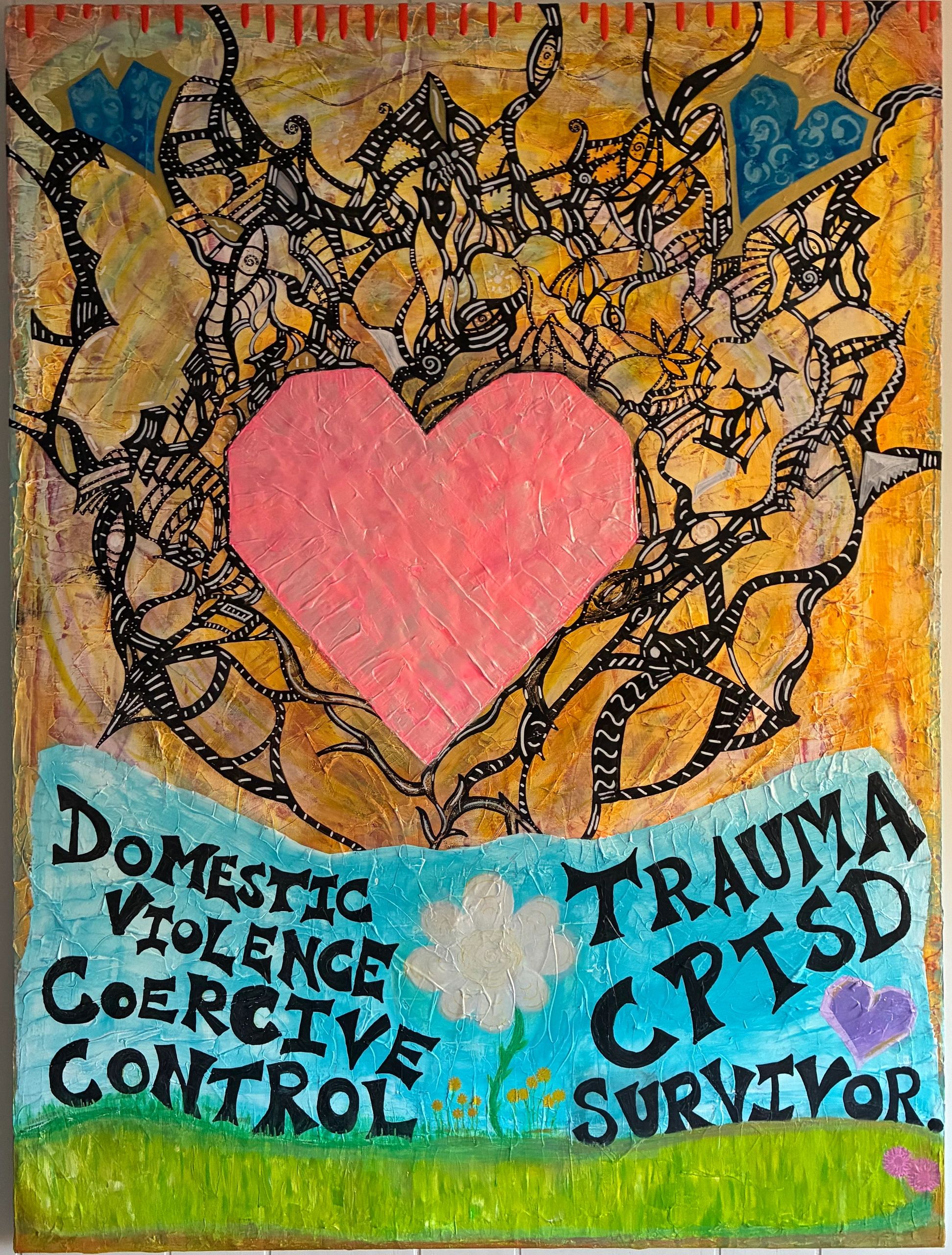 Abstract heart surrounded by words on trauma and survival in colorful art.