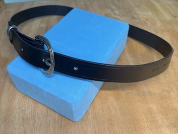 Black leather dog collar placed on blue foam blocks.
