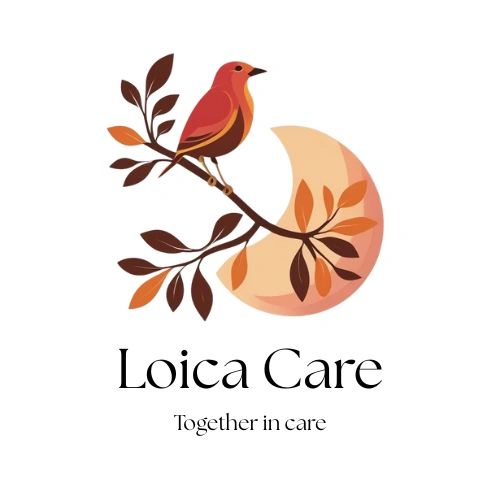 Illustrated bird on a branch with a crescent moon, symbolizing care and companionship.