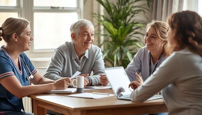 Seniors and healthcare workers smiling during a meeting.
