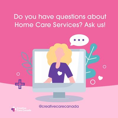 Illustration of a nurse on a computer screen asking if you have questions about home care services.
