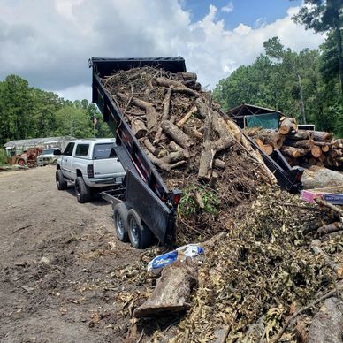A dump truck unloading a large pile of branches and logs on a dirt ground.