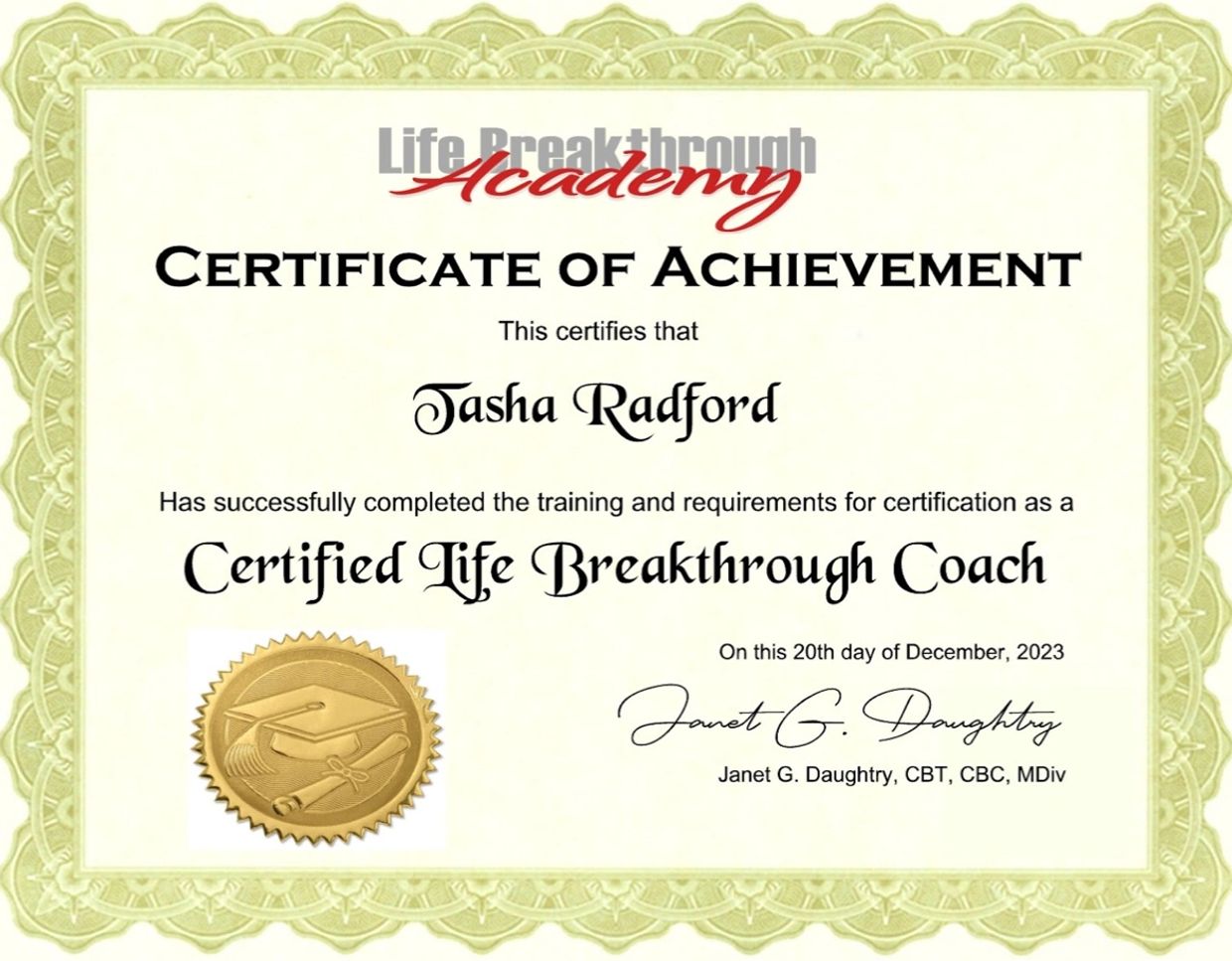 Health and life coaching certificate of achievement to help clients obtain optimal wellness.
