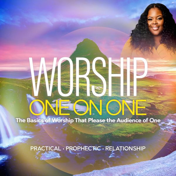 A serene worship-themed graphic with nature and a smiling woman.