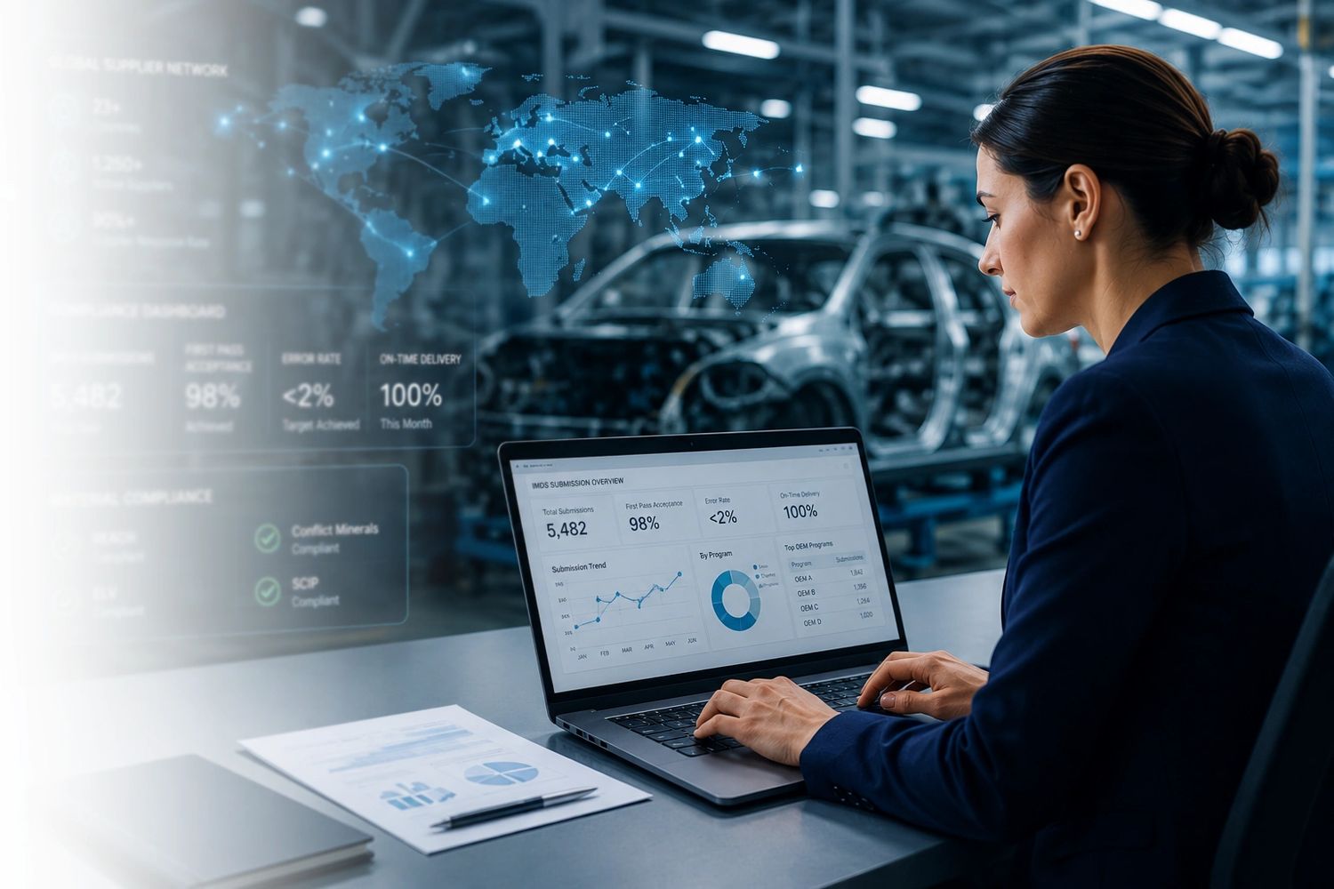 Woman analyzing supply chain data on laptop in automotive factory.