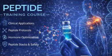 A digital banner for a peptide training course with scientific graphics and a glowing human figure.