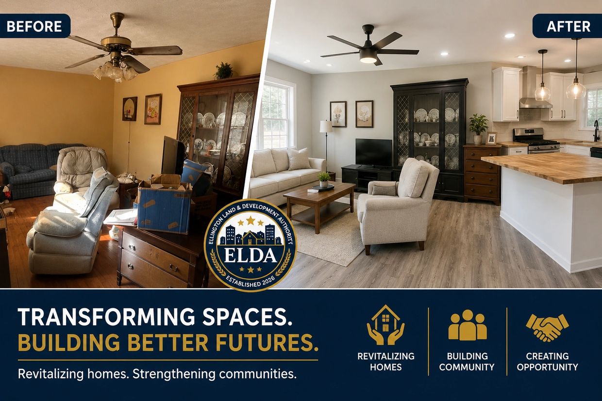 Before and after photos of a renovated living room and kitchen area.