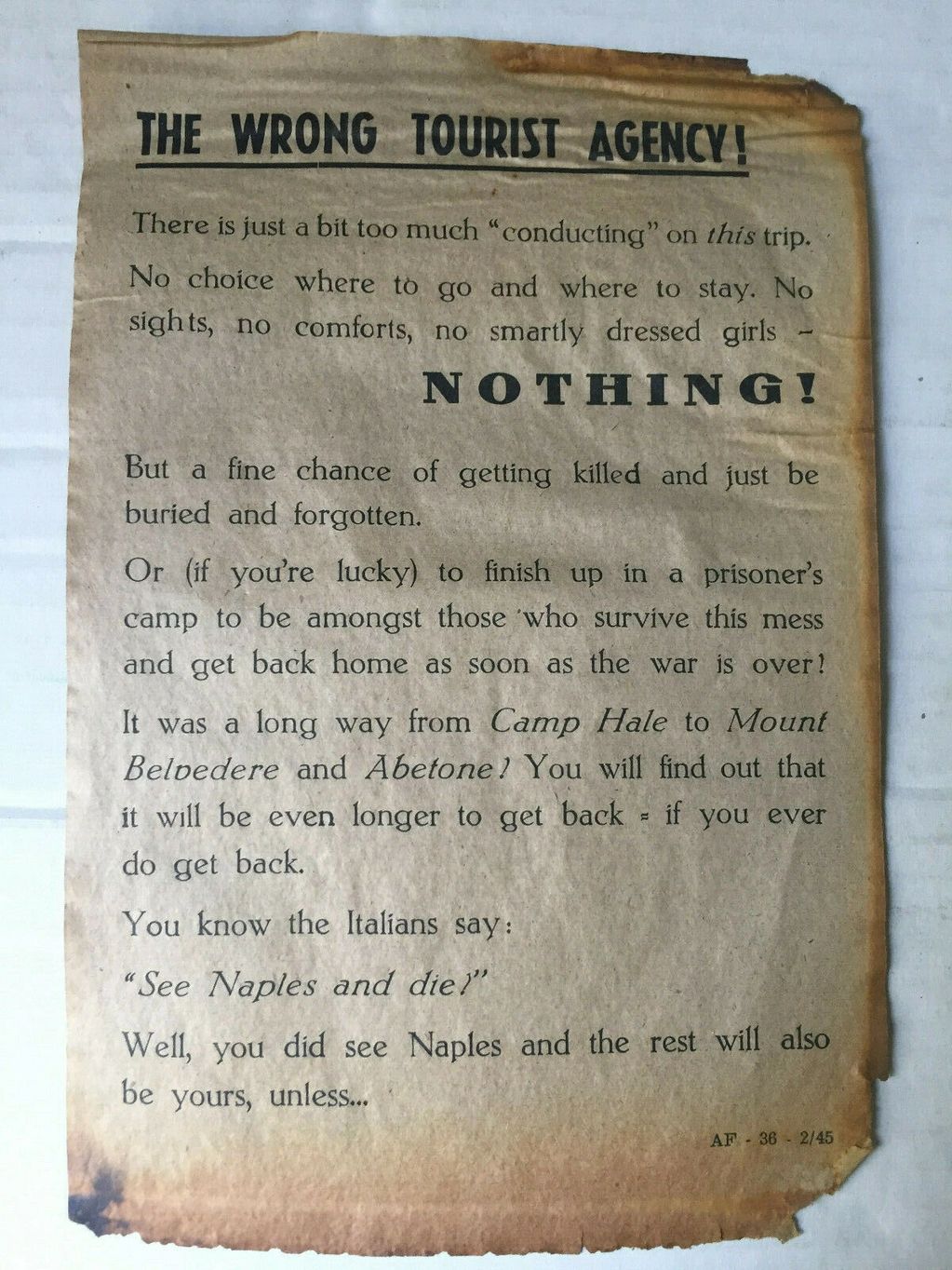A vintage, war-themed leaflet warning about dangers of a certain trip during wartime.