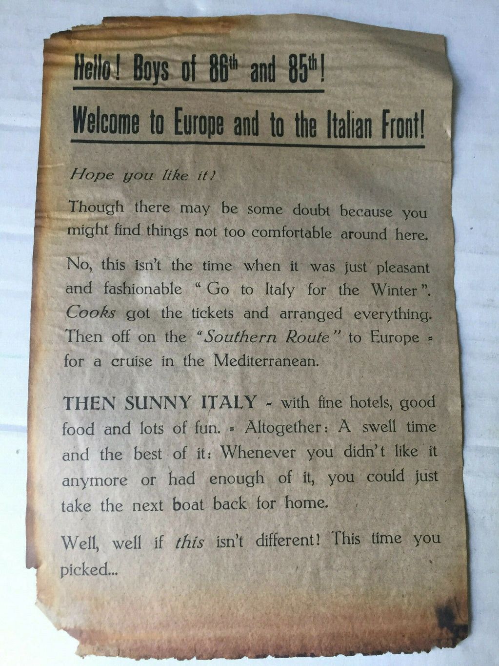 A vintage welcome letter for the 86th and 85th boys arriving at the Italian Front.