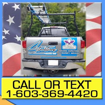 Picture of a home inspector's truck and tools. Contact information for a NH Home inspector.