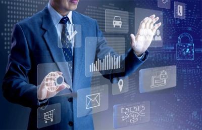 Businessman interacting with digital holographic interface.