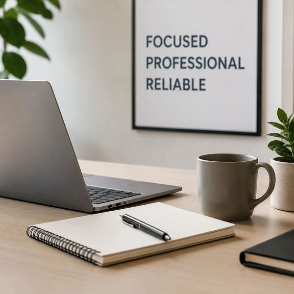 Minimalist workspace with laptop, notepad, and motivational poster.
