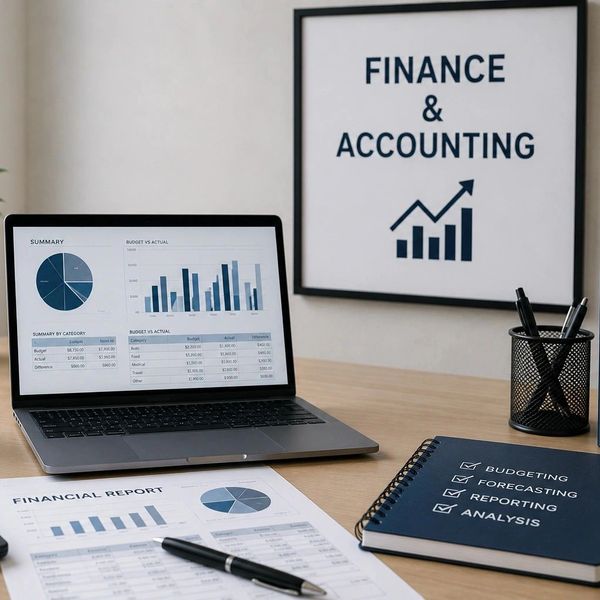 Workspace with financial reports and accounting tools.