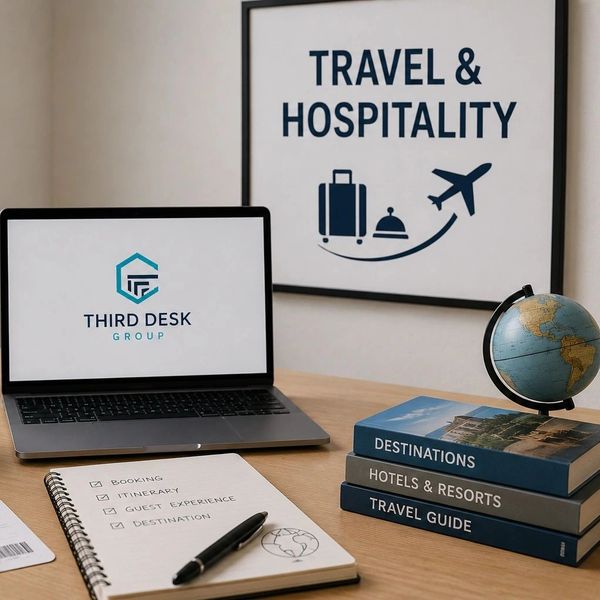 Travel and hospitality business workspace with laptop and travel essentials.