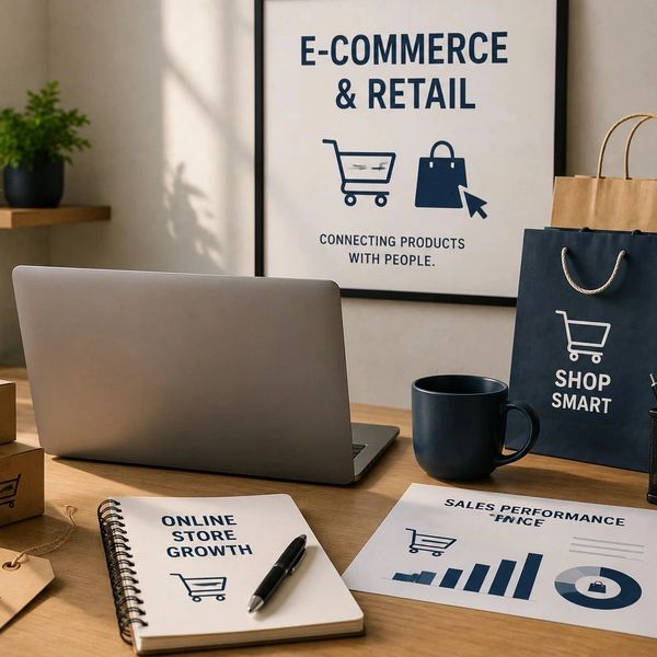 Workspace focused on e-commerce with laptop, shopping cart, and growth charts.
