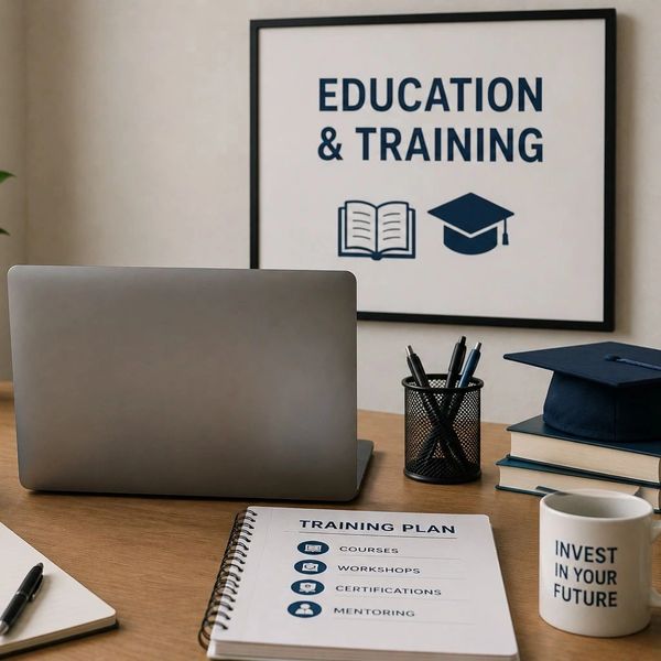 Workspace focused on education and training with books, laptop, and notes.