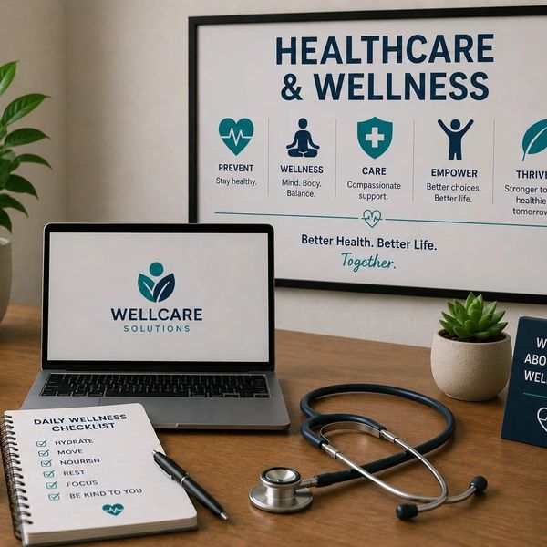 Workspace with healthcare and wellness theme including laptop, checklist, and stethoscope.