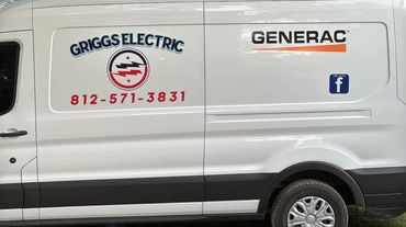White service van with Griggs Electric and Generac logos and contact number.