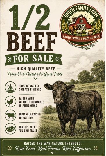 Vintage-style poster advertising half beef for sale from Dutch Family Farm.