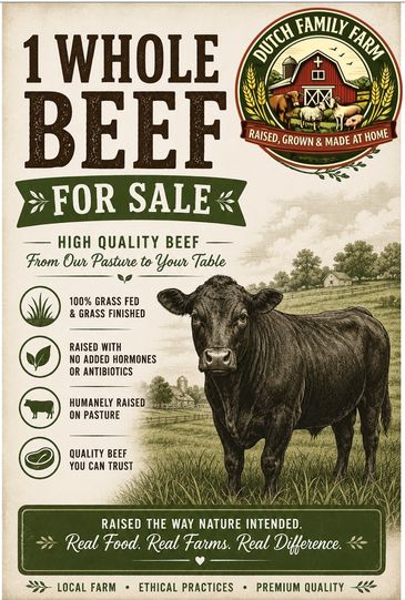 Vintage-style poster advertising whole beef for sale from a Dutch family farm.