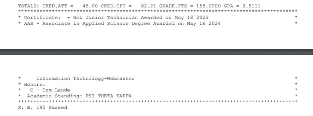 Screenshot of the bottom of my transcript showing total credits, GPA, certificate, degree, and acade