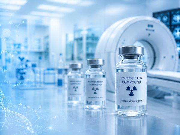 Vials labeled radiolabeled compound in a medical research lab.
