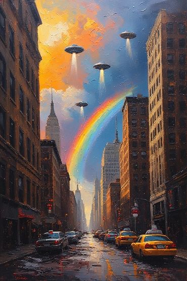 UFOs hover over a city street with a rainbow in the sky at sunset.