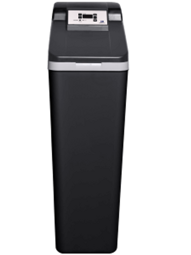 Tall black water softener unit with digital control panel on top.