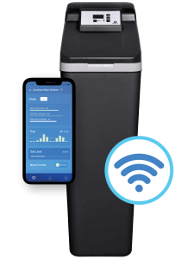Smart water softener system with mobile app control and Wi-Fi connectivity.