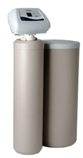 Modern water softener system with control panel and two tanks.