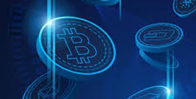 Digital representation of various cryptocurrencies floating in a futuristic blue space.