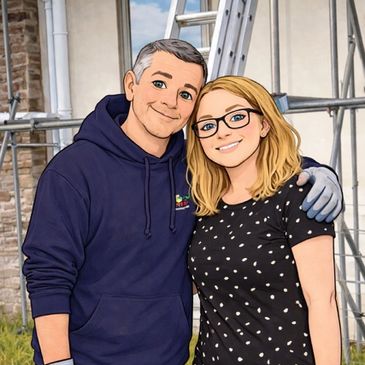 A smiling couple posing outdoors with a construction ladder in the background.