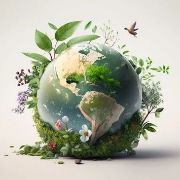 Earth surrounded by greenery and flowers symbolizing nature's harmony.