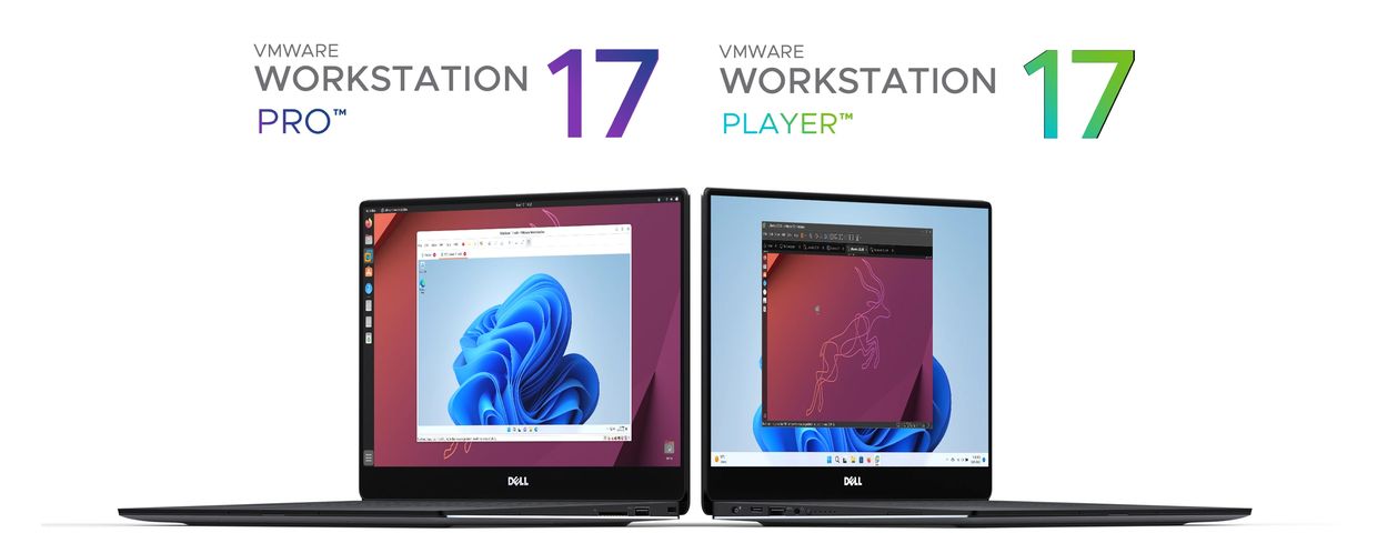 VMware Workstation 17 Pro and Player shown on Dell laptops with virtual machines.