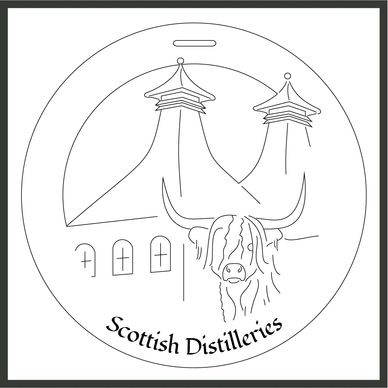 Bauble design of a Scottish whisky distillery and a highland cow