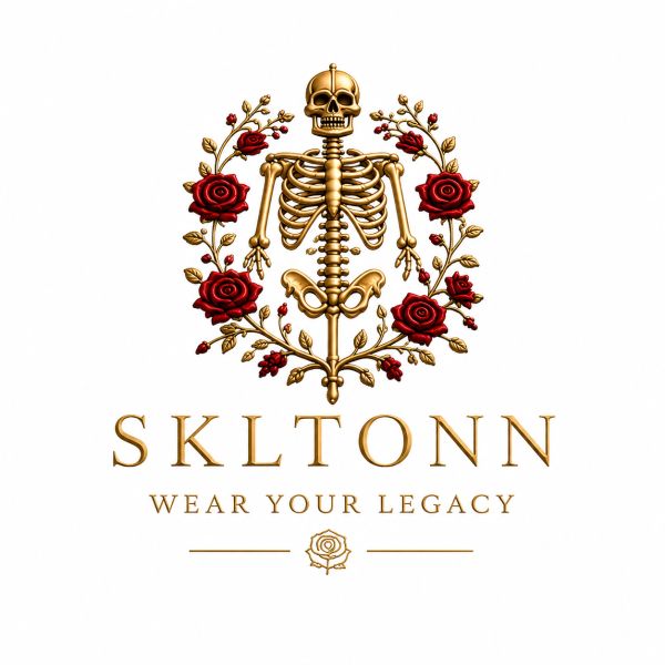 Gold skeleton with red roses logo for SKLTONN.