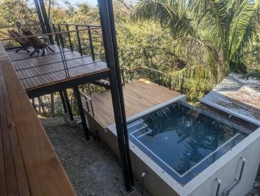 Modern wooden deck and small pool surrounded by lush greenery.
